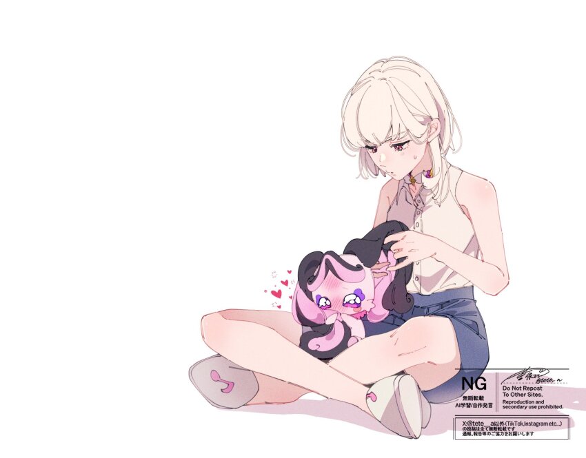 1girl, aoi_tete, bare_arms, bare_legs, bare_shoulders, blonde_hair, blue_shorts, blunt_bangs