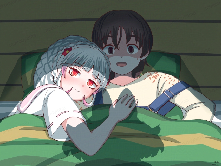 1boy, 2girls, arm_ribbon, blanket, blue_overalls, blunt_bangs, blush, brown_hair