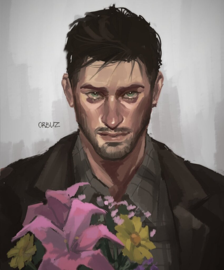 1boy, artist_name, bags_under_eyes, black_hair, black_jacket, bouquet, closed_mouth, collared_shirt, commentary, death_stranding, death_stranding_2:_on_the_beach, facial_hair, flower, green_eyes, hashtag-only_commentary, highres, jacket, lapels, lips, looking_at_viewer, male_focus, neil_vana, open_clothes, open_jacket, orbuz228, pink_flower, plaid_clothes, plaid_shirt, shirt, sideburns, solo, wing_collar, yellow_flower
