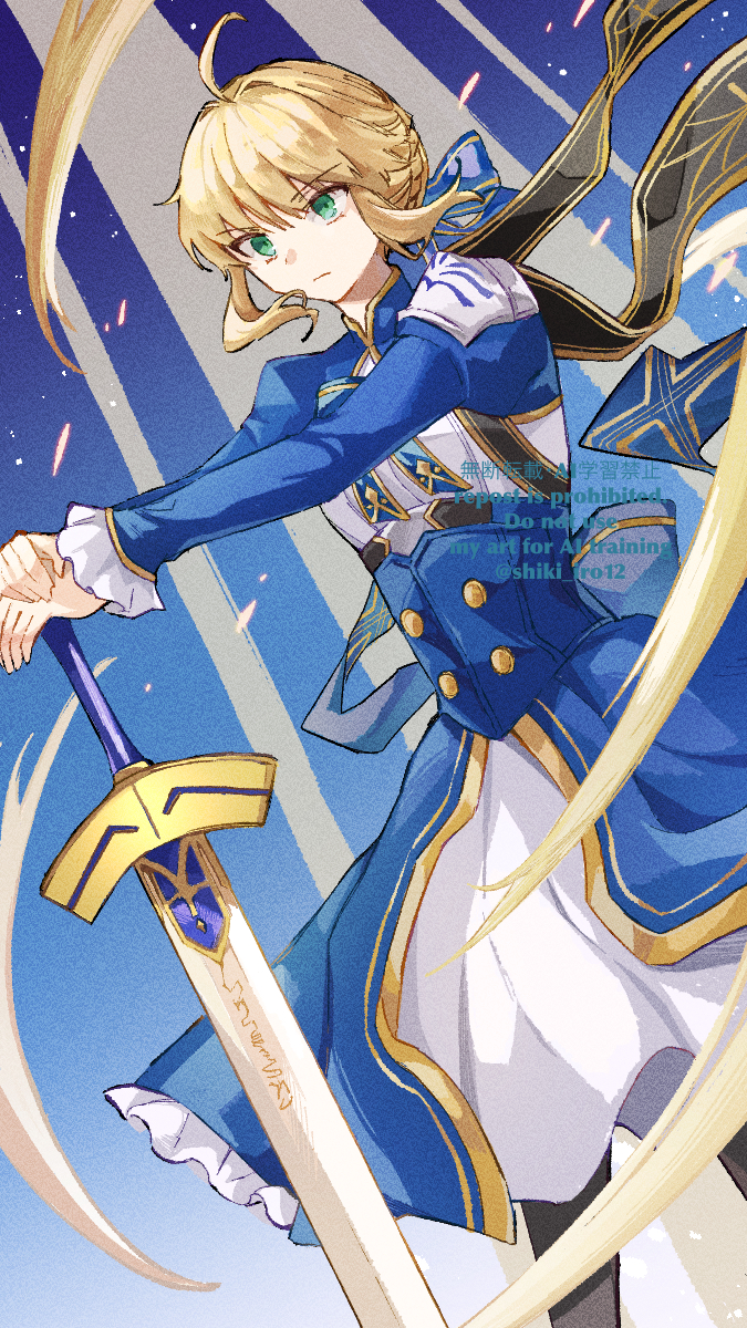 1girl, ahoge, armor, artoria_pendragon_(fate), back_bow, black_cape, black_pantyhose, blonde_hair