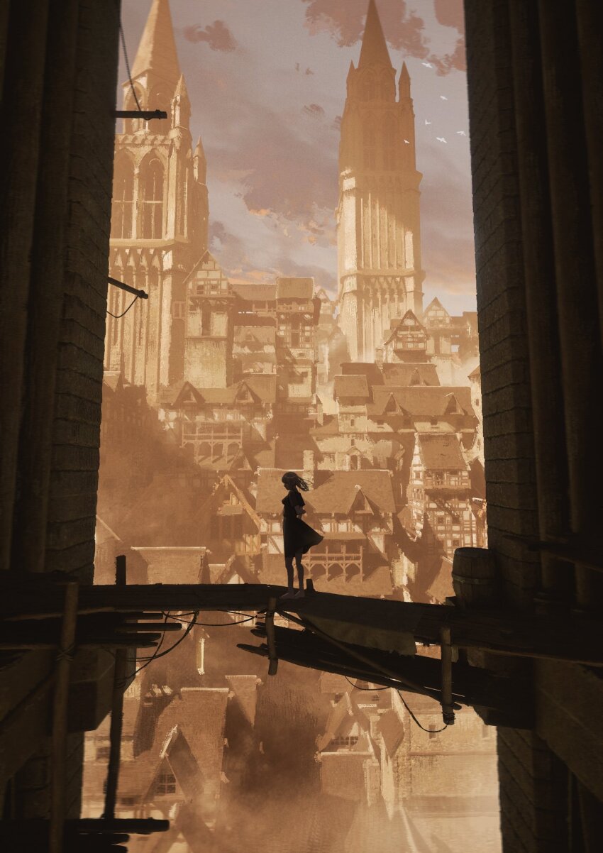 1girl, arms_behind_back, barefoot, barrel, bridge, building, city, cityscape