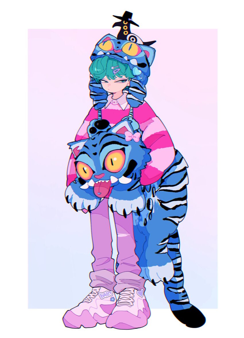 1boy, :/, alternate_costume, animal, animal_on_head, baby_(kpop_demon_hunters), bird, bird_on_head, black_hat, blue_fur, blue_hat, bow, carrying, character_hat, closed_mouth, collared_shirt, derpy_(kpop_demon_hunters), dot_nose, extra_eyes, fashion, full_body, green_hair, hair_bow, hair_ornament, hairclip, hat, heart, highres, kpop_demon_hunters, long_sleeves, looking_to_the_side, male_focus, nasi_w2, on_head, pants, pink_bow, pink_pants, pink_shoes, pink_sweater, pom_pom_(clothes), shirt, shoelaces, shoes, short_hair, sideways_glance, slit_pupils, solo, standing, striped_clothes, striped_fur, striped_sweater, sussie_(kpop_demon_hunters), sweater, teeth, tiger, tongue, tongue_out, wing_collar, yellow_eyes