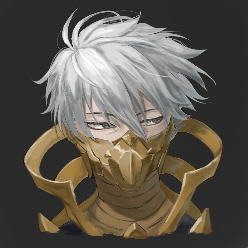 1boy, averting_eyes, black_background, commentary, ete, ghostblade_(to_be_hero_x), grey_eyes, hair_flowing_over