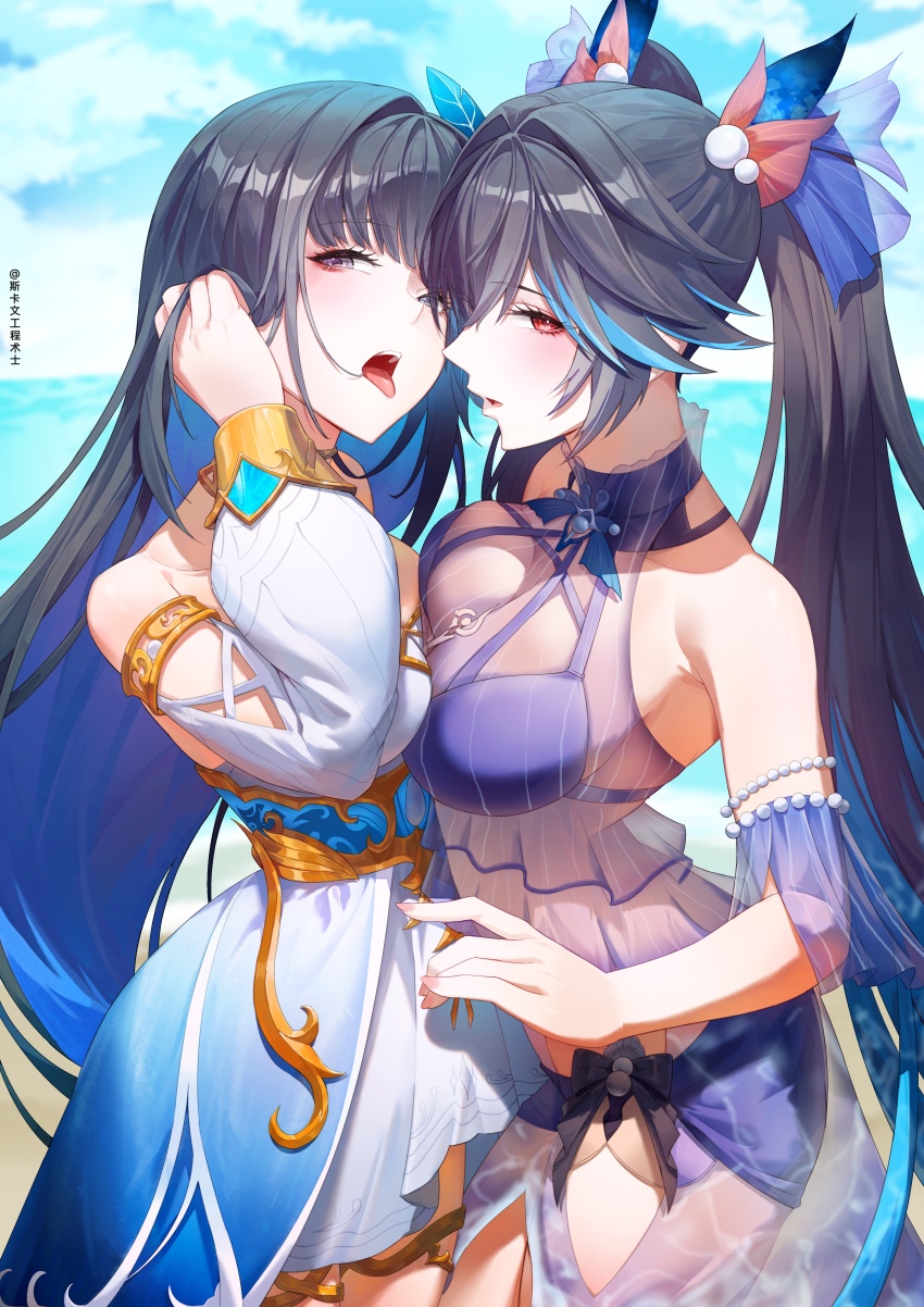 2girls, absurdres, bare_shoulders, bikini, black_hair, blue_bow, blue_hair, blue_sky