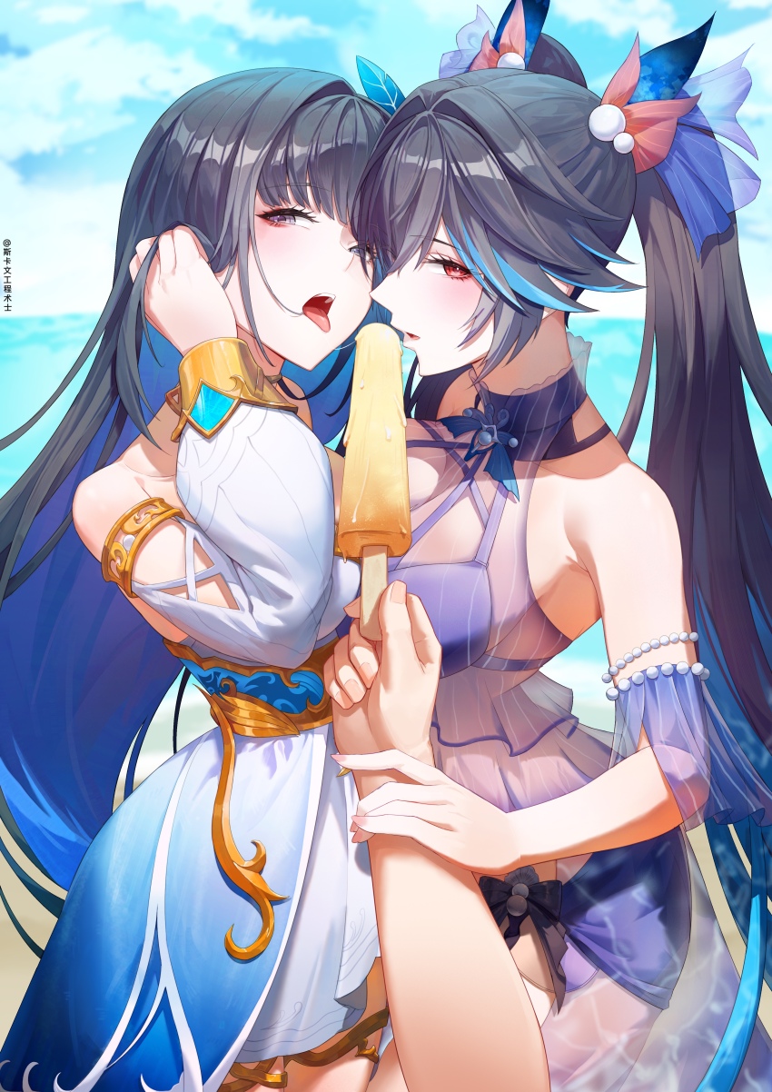 1boy, absurdres, bare_shoulders, bikini, black_hair, blue_bow, blue_hair, blue_sky