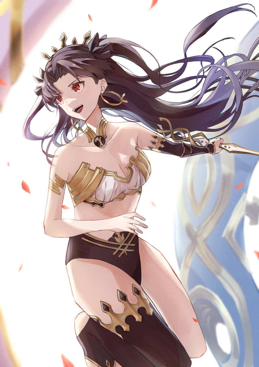 1girl, absurdres, armlet, bikini, black_bikini, black_hair, black_ribbon, black_tiara