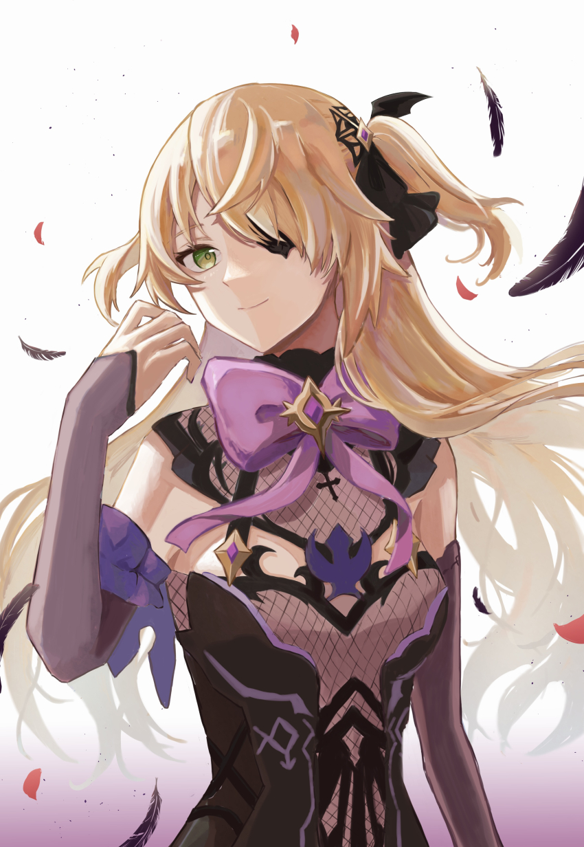 1girl, absurdres, black_dress, black_ribbon, blonde_hair, bow, bowtie, breasts