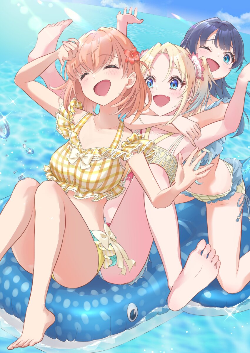 3girls, :d, ;d, ^_^, absurdres, barefoot, bikini, blonde_hair, blue_bikini, blue_eyes, blue_hair, blush, breasts, closed_eyes, comiket_106, commentary_request, curtained_hair, fang, flower, frilled_bikini, frills, gingham_bikini, gingham_clothes, gradient_hair, hair_flower, hair_ornament, hasu_no_sanrenka, highres, hinoshita_kaho, hinoshita_kaho_(c106_swimsuit), inflatable_toy, inflatable_whale, kobassy, large_breasts, link!_like!_love_live!, love_live!, medium_hair, mismatched_bikini, multicolored_hair, multiple_girls, murano_sayaka, murano_sayaka_(c106_swimsuit), off-shoulder_bikini, off_shoulder, official_alternate_costume, one_eye_closed, open_mouth, orange_hair, osawa_rurino, osawa_rurino_(c106_swimsuit), parted_bangs, pink_flower, red_flower, smile, swimsuit, toes, virtual_youtuber, yellow_bikini