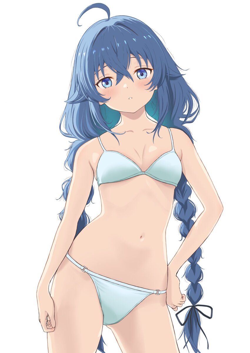 1girl, ahoge, bare_shoulders, black_ribbon, blue_bra, blue_eyes, blue_hair, blue_panties