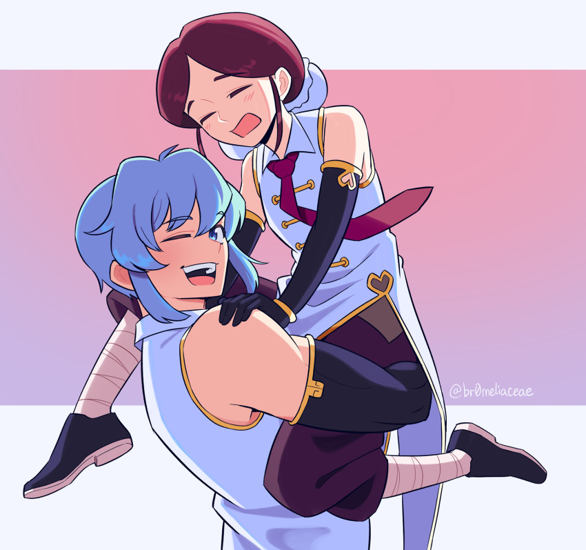 1boy, 1girl, :d, :o, ;), artist_name, black_hair, black_shoes