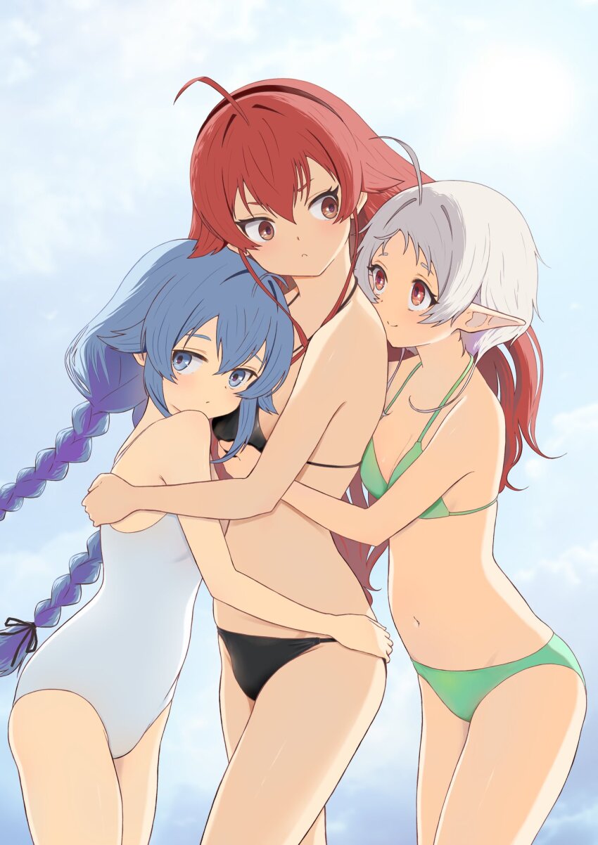 3girls, alternate_costume, bikini, black_bikini, black_hairband, blue_background, blue_eyes, blue_hair