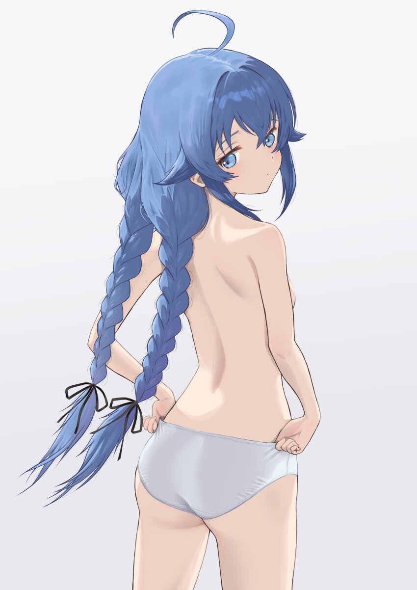 1girl, adjusting_clothes, adjusting_panties, ahoge, ass, back, bare_back, bare_shoulders, black_ribbon, blue_background, blue_eyes, blue_hair, blue_panties, braid, breasts, closed_mouth, commentary, cowboy_shot, crossed_bangs, dot_mouth, dot_nose, from_behind, gradient_background, hair_between_eyes, hair_ribbon, highres, loli, long_braid, long_hair, looking_at_viewer, looking_back, mushoku_tensei, no_bra, no_pants, no_shirt, panties, ribbon, rora_(user_vgpk4444), roxy_migurdia, shoulder_blades, small_breasts, solo, spine, thighs, topless_female, twin_braids, twintails, underwear, underwear_only, very_long_hair, white_panties