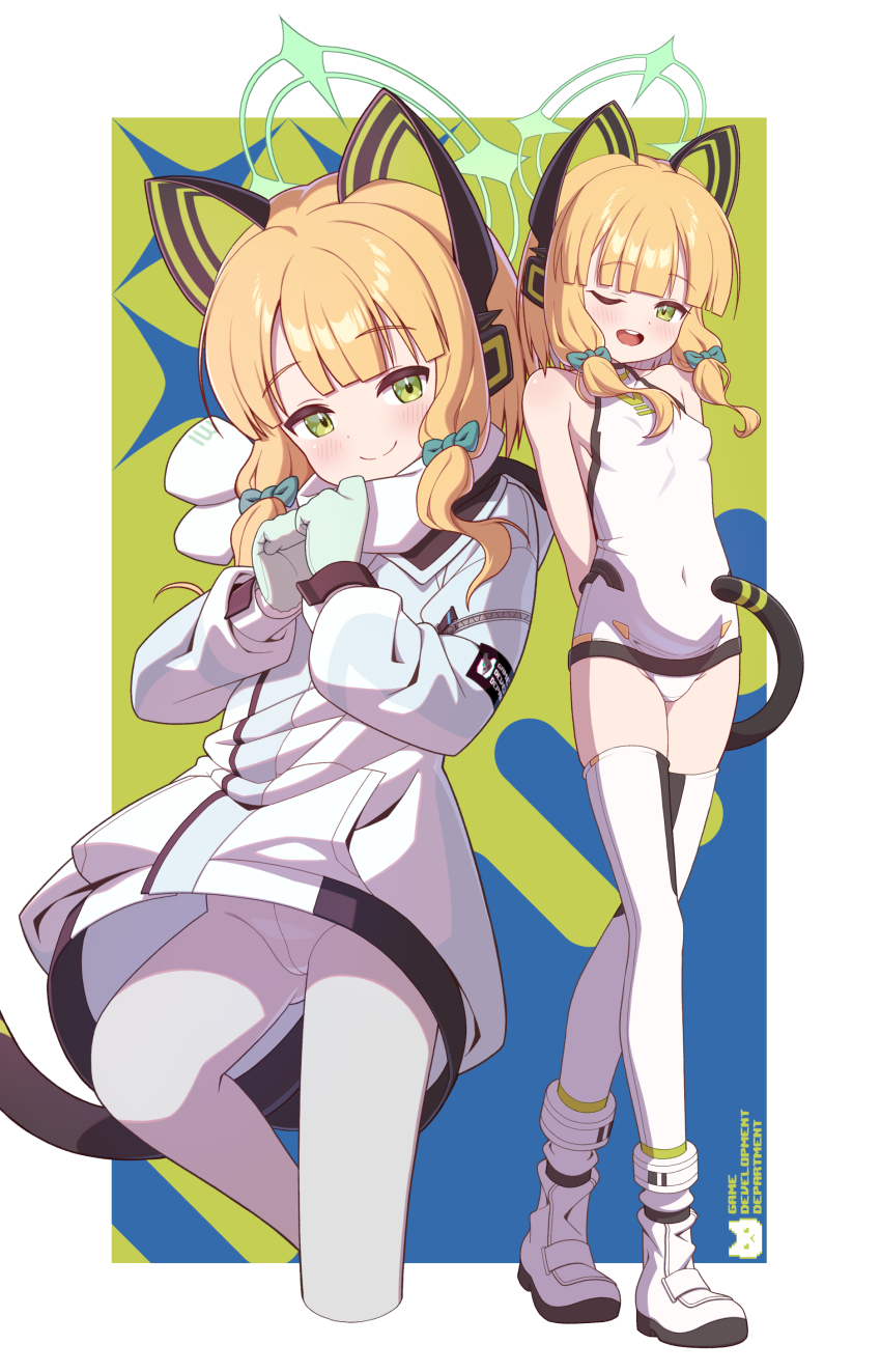 1girl, absurdres, animal_ear_headphones, animal_ears, bare_shoulders, blonde_hair, blue_archive, blue_bow, blush, boots, bow, breasts, cat_ear_headphones, cat_ears, cat_tail, closed_mouth, commentary_request, covered_navel, cropped_legs, crotch_seam, fake_animal_ears, fake_tail, full_body, gloves, gluteal_fold, green_eyes, green_gloves, green_halo, hair_bow, half-closed_eyes, halo, halterneck, headphones, highres, jacket, leotard, loli, long_sleeves, low-tied_sidelocks, low_twintails, midori_(armed)_(blue_archive), midori_(blue_archive), midori_(winter)_(blue_archive), multiple_views, official_alternate_costume, one_eye_closed, open_mouth, pantyhose, puffy_long_sleeves, puffy_sleeves, scarf, sidelocks, sizque, small_breasts, smile, standing, tail, teeth, thighhighs, thighs, twintails, upper_teeth_only, white_boots, white_jacket, white_leotard, white_pantyhose, white_scarf, white_thighhighs, winter_clothes, zettai_ryouiki