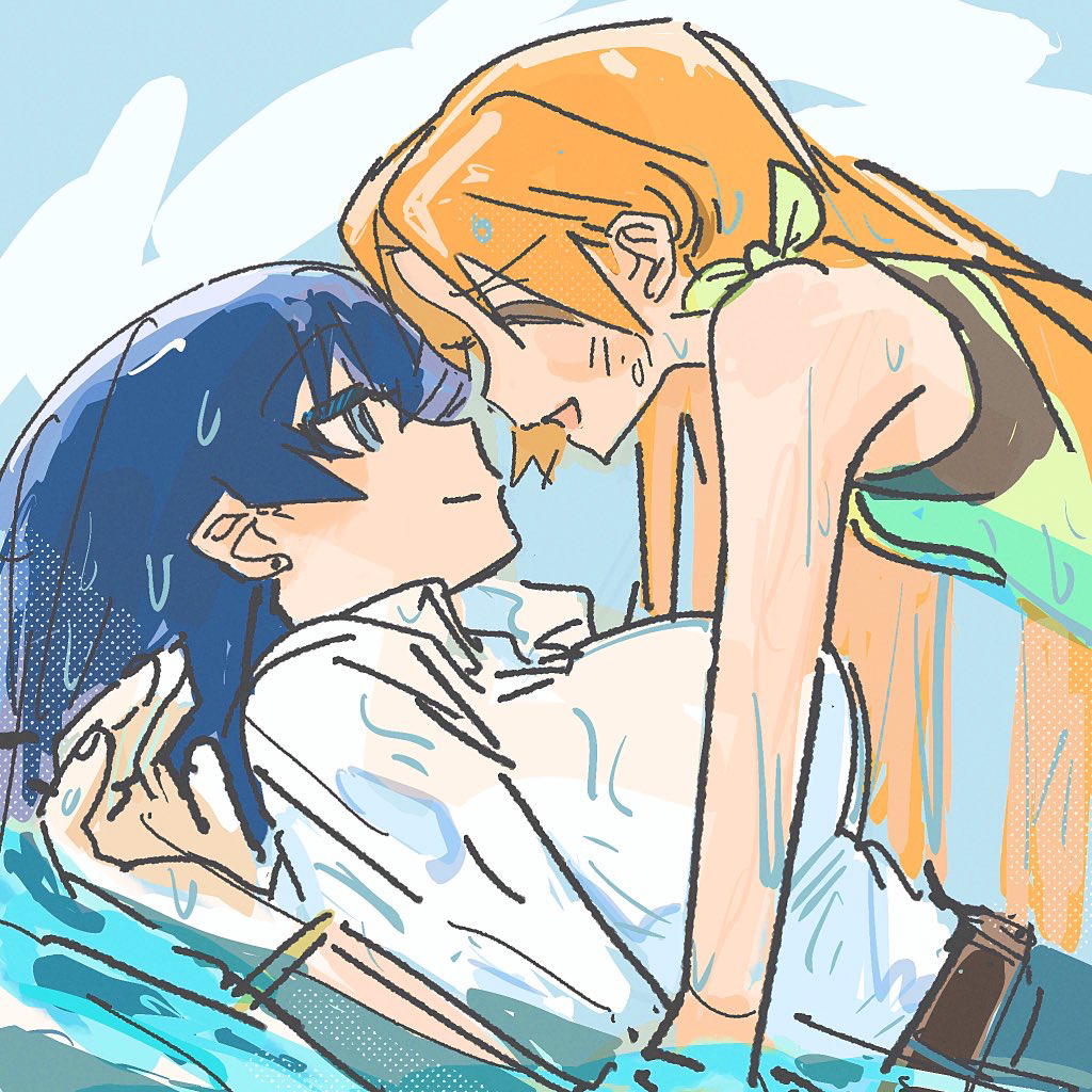 2girls, arato_nagi, blonde_hair, blue_eyes, blue_hair, bracelet, closed_eyes, closed_mouth, commentary, earrings, green_tank_top, jewelry, long_hair, looking_at_another, m_no_harawata, multiple_girls, open_mouth, outdoors, ruri_no_houseki, shirt, smile, stud_earrings, tanigawa_ruri, tank_top, water, wet, wet_clothes, wet_hair, wet_shirt, white_shirt, yuri