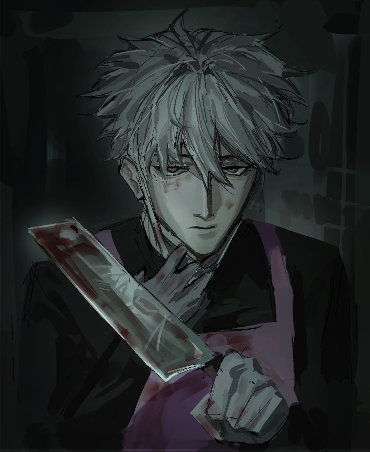 .kireen, 1boy, apron, bags_under_eyes, black_shirt, blood, blood_on_clothes, blood_on_hands