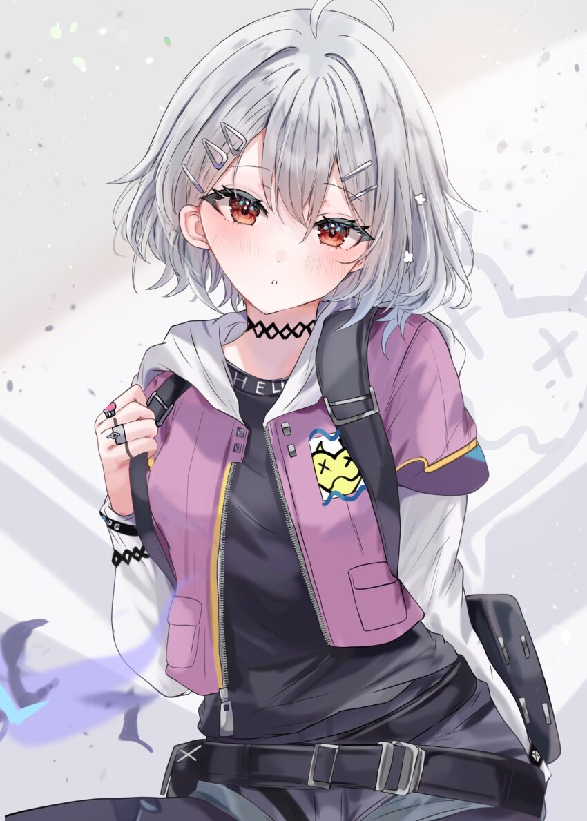 1girl, ahoge, bag, belt, black_belt, black_shirt, black_shorts, blush