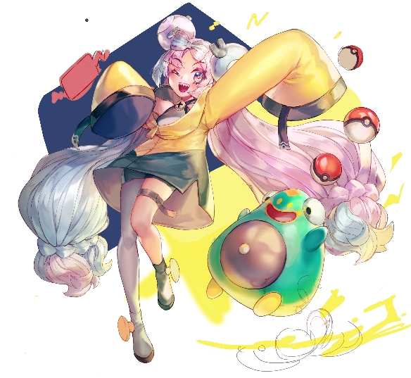 bellibolt, bow-shaped_hair, character_hair_ornament, fake_hair_bun, gen_4_pokemon, grey_pantyhose, hair_ornament, halter_shirt, halterneck, hexagon_print, iono_(pokemon), jacket, kko_(kko_m12), multicolored_hair, nintendo, oversized_clothes, pantyhose, pokemon, pokemon_scarlet_and_violet, rotom, rotom_phone, sharp_teeth, single_leg_pantyhose, sleeves_past_fingers, sleeves_past_wrists, split-color_hair, teeth, two-tone_hair, x_(symbol), yellow_jacket