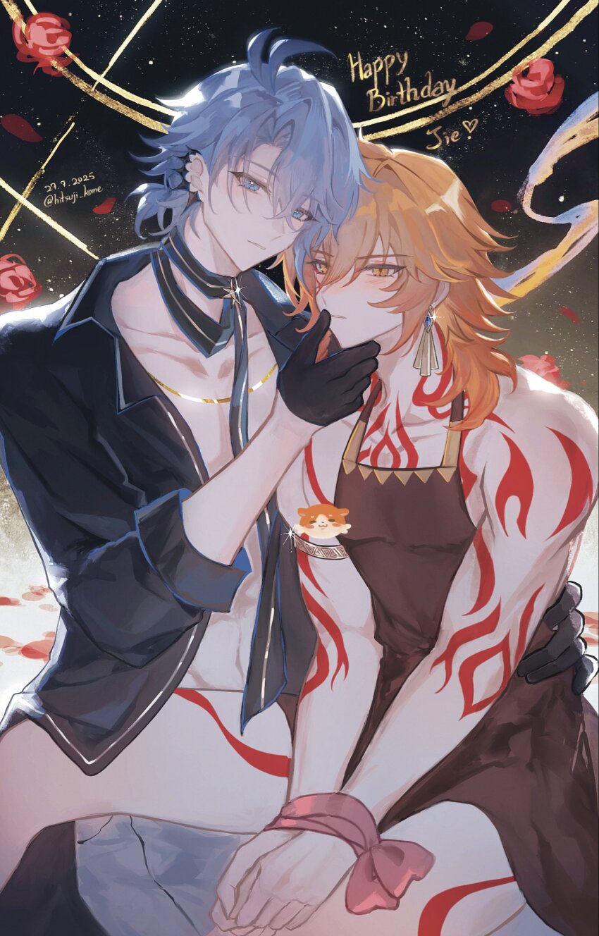 2boys, 329kome, antenna_hair, apron, arm_tattoo, black_choker, black_gloves, black_shirt