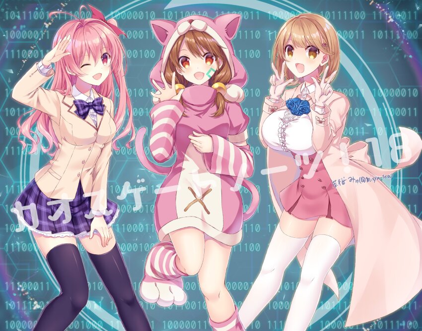 3girls, aizaki_momo, animal_ears, animal_hood, anonymous;code, antenna_hair, black_thighhighs, blazer