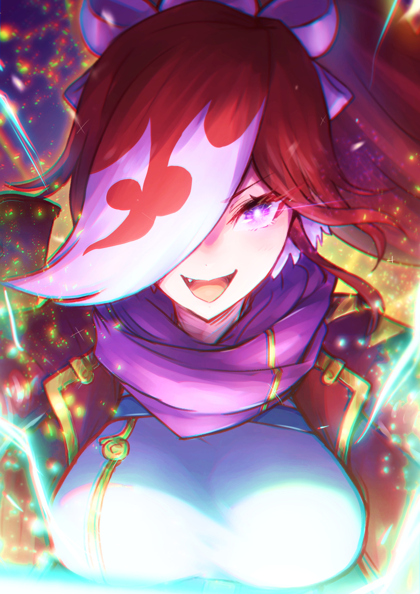 1girl, absurdres, aura, breasts, close-up, duel_masters, energy, fang