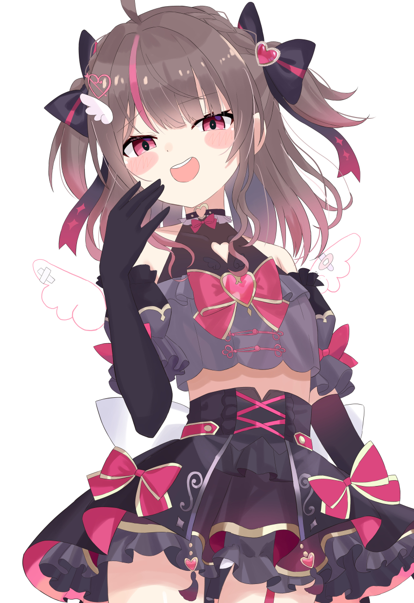 1girl, absurdres, ahoge, black_bow, black_choker, black_gloves, black_shirt, black_skirt, bow, brown_hair, choker, clothing_cutout, elbow_gloves, frilled_skirt, frills, gloves, hair_bow, heart, heart_cutout, heart_o-ring, highres, hololive, looking_at_viewer, medium_hair, multicolored_hair, natsuiro_matsuri, natsuiro_matsuri_(magical_girl), o-ring, o-ring_choker, official_alternate_color, official_alternate_costume, official_alternate_eye_color, open_mouth, pink_hair, red_eyes, shirt, skirt, smile, solo, streaked_hair, teeth, two_side_up, u_kome, upper_teeth_only, virtual_youtuber