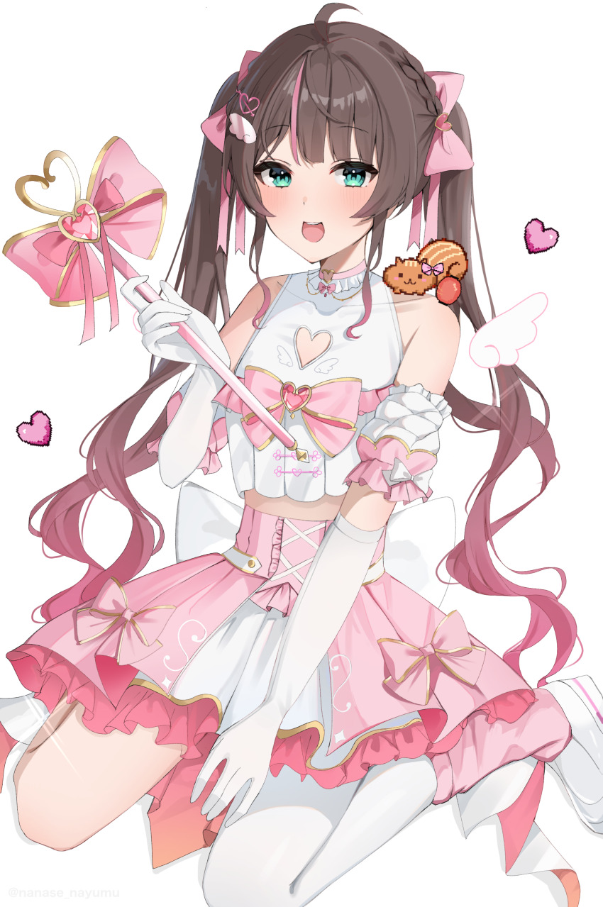 1girl, :d, absurdres, ahoge, blue_eyes, blush, bow, brown_hair