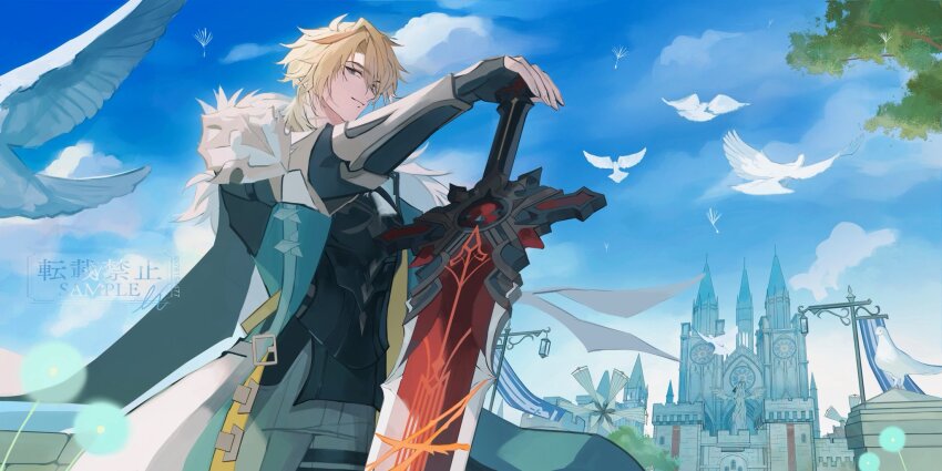 1boy, bird, blonde_hair, blue_eyes, blue_sky, cathedral, church, closed_mouth