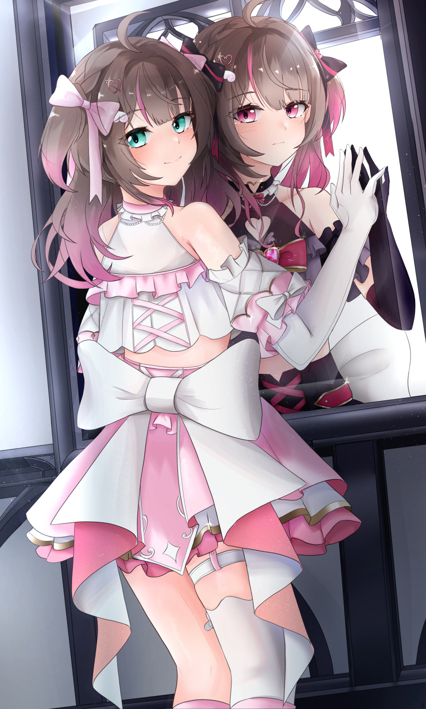 1girl, absurdres, black_dress, black_gloves, blue_eyes, blush, bow, brown_hair