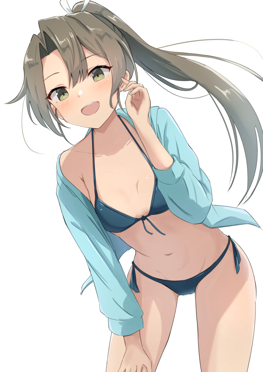 1girl, absurdres, bent_over, bikini, blue_bikini, blue_jacket, breasts, commentary_request