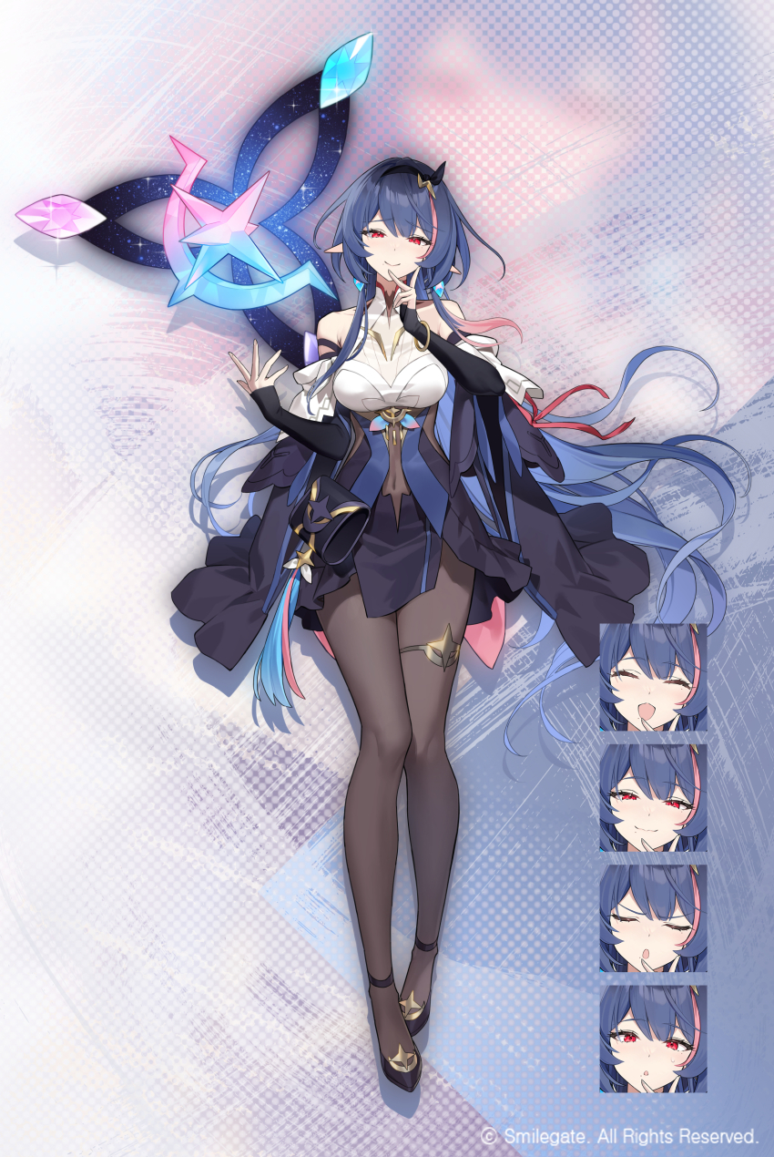 1girl, absurdres, bare_shoulders, blue_hair, bodystocking, bracelet, breasts, brown_leotard