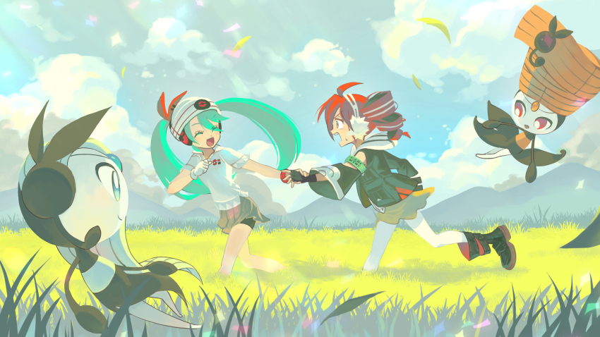 2girls, ahoge, ankle_boots, aqua_eyes, aqua_hair, armband, beanie, bike_shorts, bike_shorts_under_skirt, black_boots, black_jacket, boots, brown_skirt, closed_eyes, cloud, day, drill_hair, field, fingerless_gloves, from_side, gen_5_pokemon, gloves, grass, green_armband, grey_eyes, hashtag-only_commentary, hat, hatsune_miku, highres, holding_hands, jacket, kasane_teto, leg_up, legendary_pokemon, long_hair, looking_back, meloetta, meloetta_(aria), meloetta_(pirouette), mountainous_horizon, multiple_girls, mythical_pokemon, nintendo, open_mouth, pantyhose, pokemon, pokemon_(creature), polo_shirt, project_voltage, psychic_miku_(project_voltage), red_eyes, red_hair, rival_teto_(project_voltage), running, short_sleeves, skirt, smile, standing, standing_on_one_leg, sweatdrop, symbol-shaped_pupils, teeth, tetotetang, twin_drills, twintails, upper_teeth_only, utau, vocaloid, white_gloves, white_hat, white_pantyhose, yellow_skirt