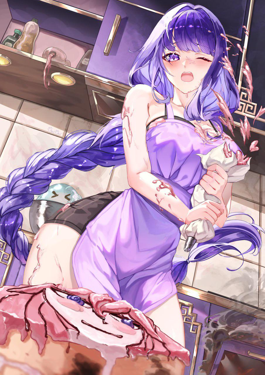 1girl, alternate_costume, apron, baking, bare_shoulders, black_camisole, black_shorts, bottle