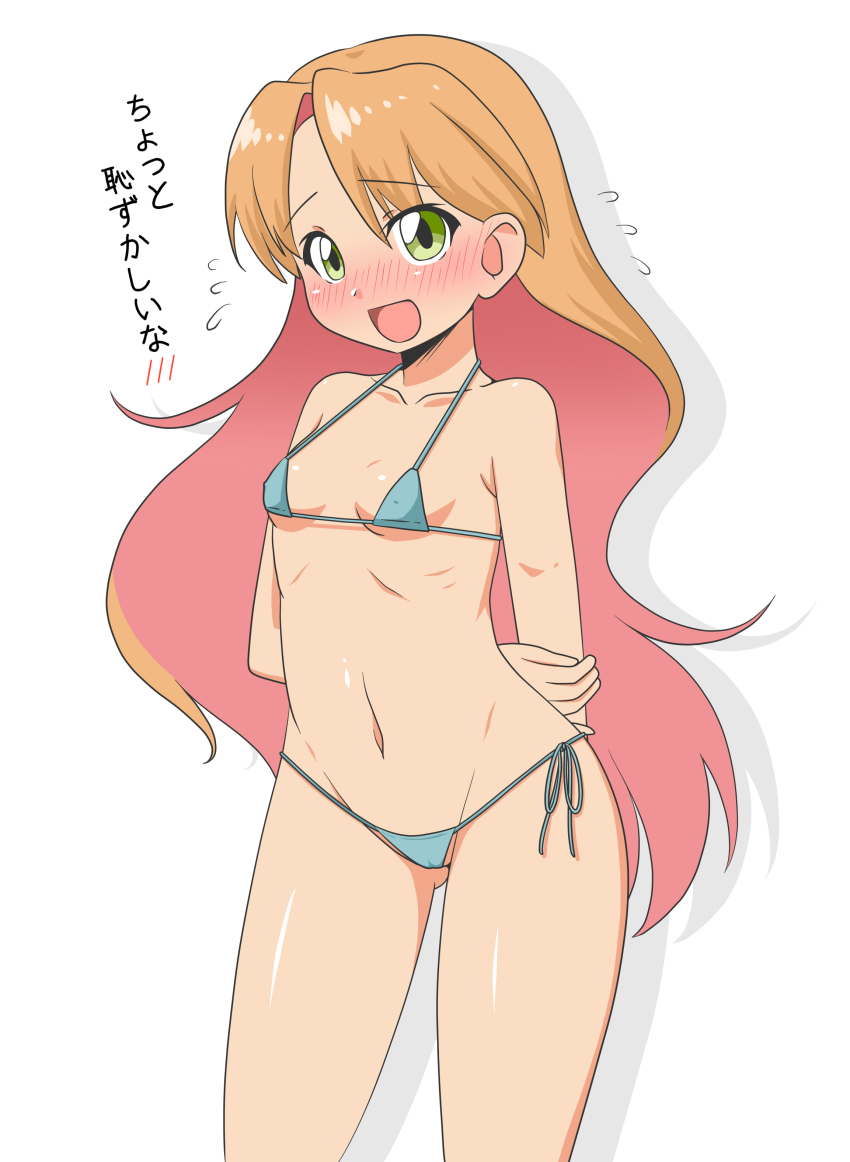 1girl, absurdres, aqua_bikini, arms_behind_back, bikini, commentary_request, contrapposto, gradient_background, green_eyes, highres, long_hair, looking_at_viewer, micro_bikini, open_mouth, orange_hair, ruri_no_houseki, side-tie_bikini_bottom, simple_background, solo, swimsuit, tanigawa_ruri, translation_request, white_background, yamatotatari