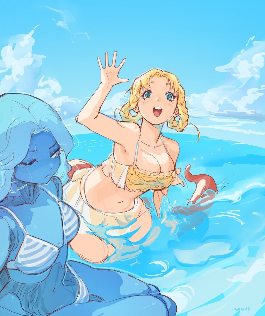 116116116el, 2girls, bikini, blonde_hair, blue_eyes, blue_hair, blue_skin, braid, braided_hair_rings, breasts, casual, cleavage, cloud, colored_skin, commentary, curtained_hair, diamond-shaped_pupils, diamond_(shape), doll_joints, elden_ring, english_commentary, extra_faces, fangs, fisheye, frills, hair_rings, highres, joints, medium_breasts, multiple_girls, ocean, one_eye_closed, open_mouth, ranni_the_witch, rya_(elden_ring), signature, sky, small_breasts, snake_girl, snake_tail, splashing, striped_bikini, striped_clothes, swimsuit, symbol-shaped_pupils, tail, waving