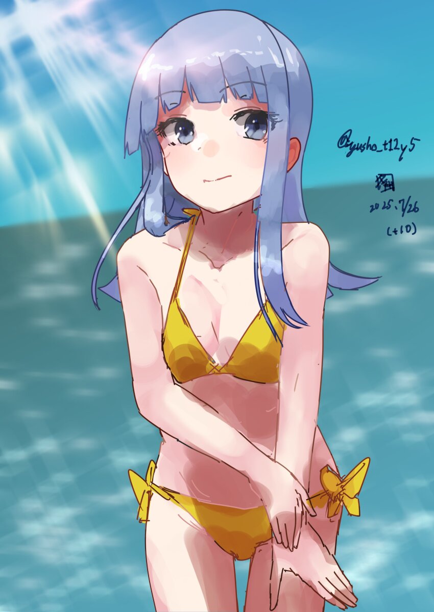 1girl, absurdres, artist_logo, bikini, blue_eyes, blue_hair, blue_sky, blunt_bangs