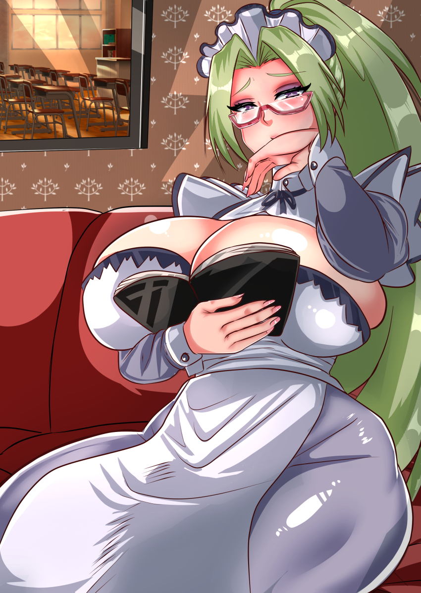 1girl, absurdres, book, breasts, cleavage, cleavage_cutout, clothing_cutout, couch