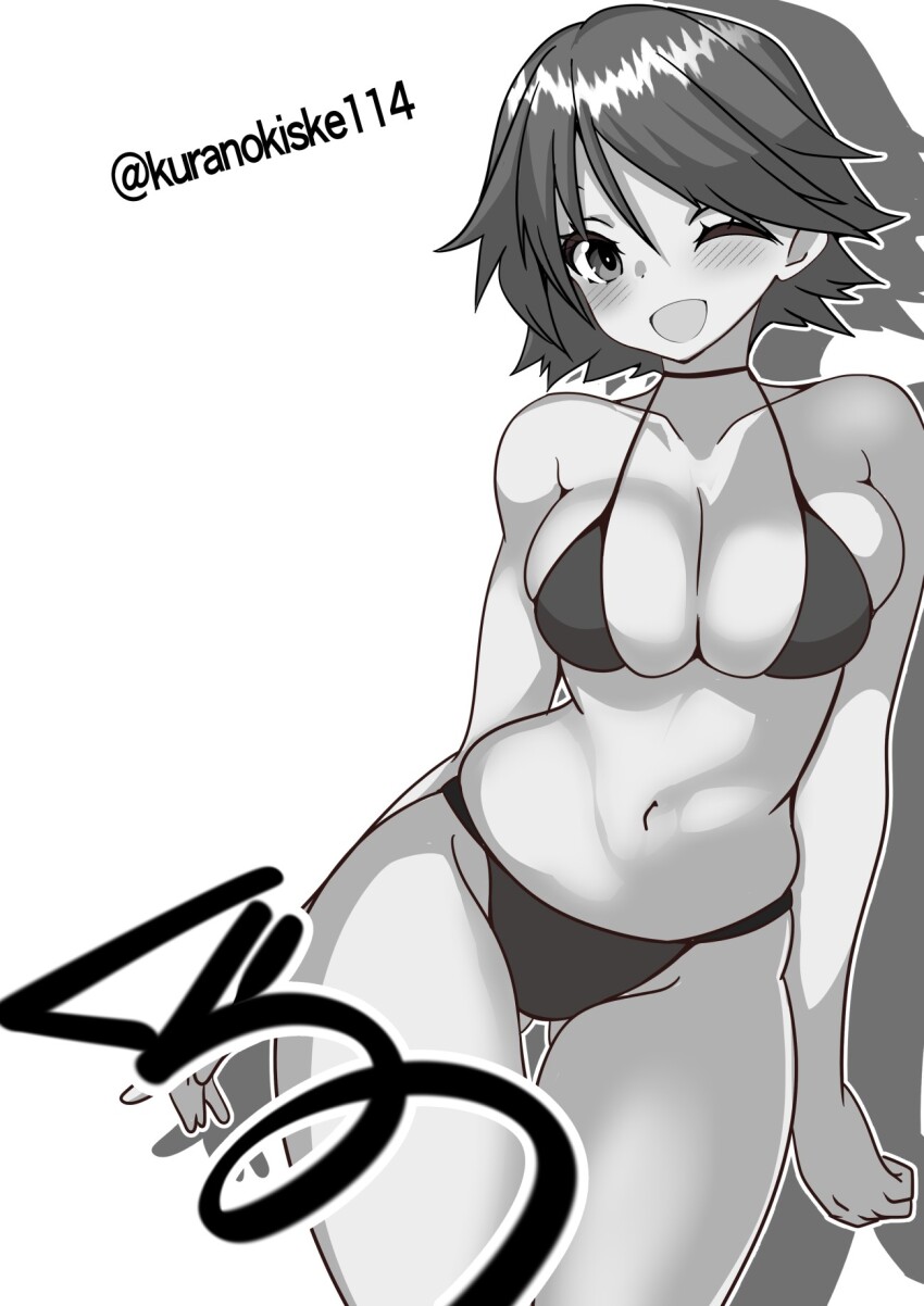 1girl, alternate_costume, bikini, breasts, cleavage, commentary_request, flipped_hair, gluteal_fold