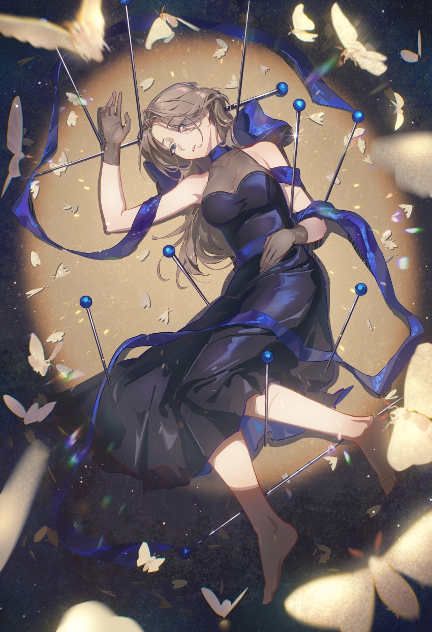 1girl, absurdres, bare_shoulders, barefoot, black_dress, blue_bow, blue_bowtie, blue_eyes