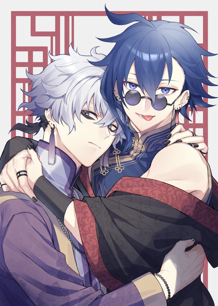 2boys, :p, ahoge, aoyama_kazuki, bags_under_eyes, bare_shoulders, black_nails, blue_eyes