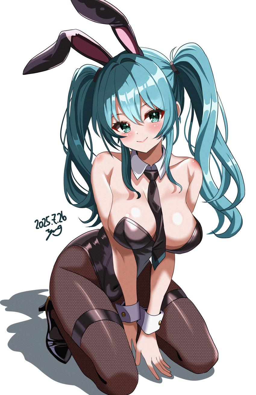 1girl, absurdres, animal_ear_hairband, animal_ears, aqua_eyes, aqua_hair, black_leotard, black_necktie