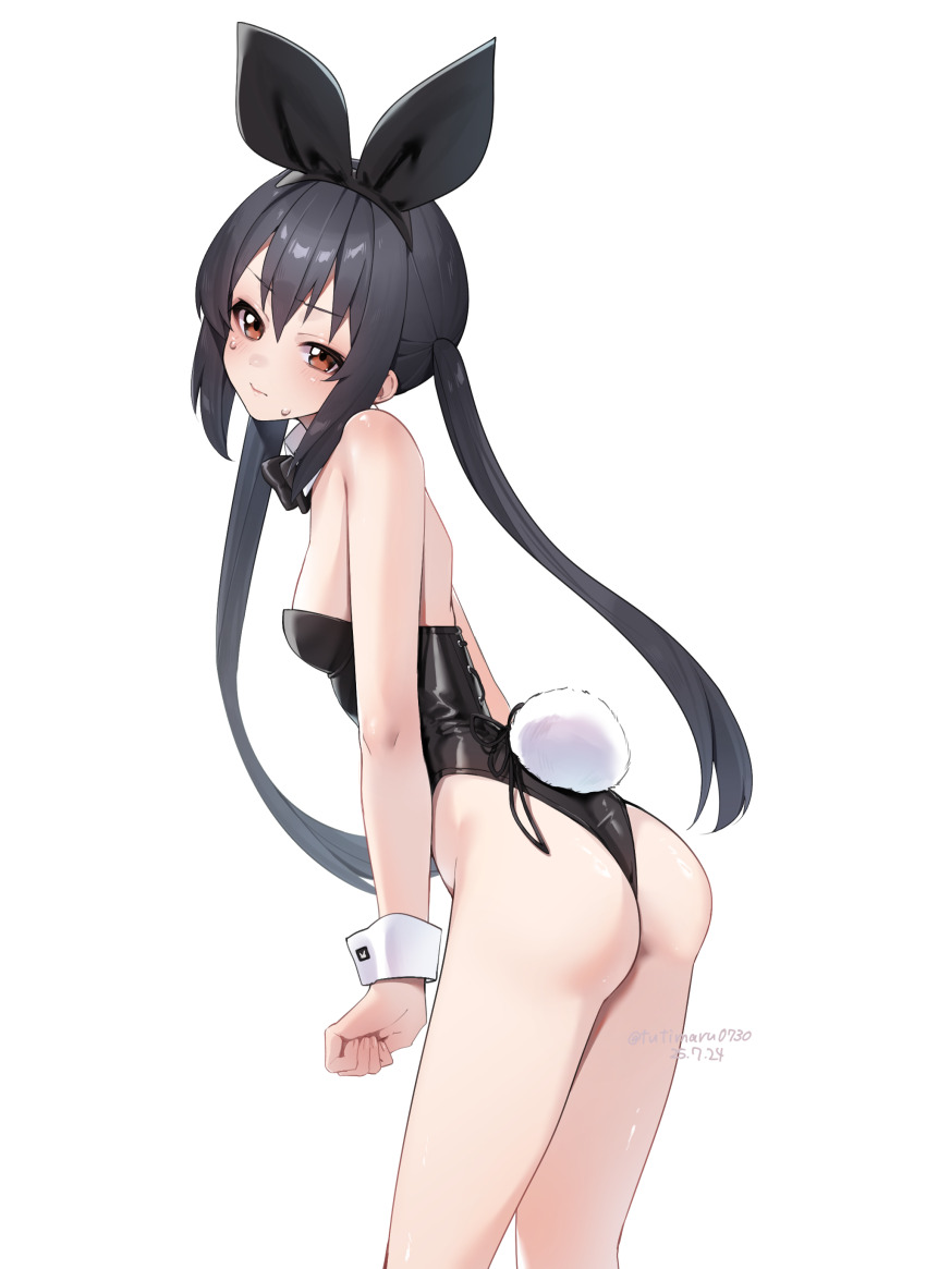 1girl, absurdres, animal_ear_hairband, animal_ears, ass, black_bow, black_bowtie, black_hair
