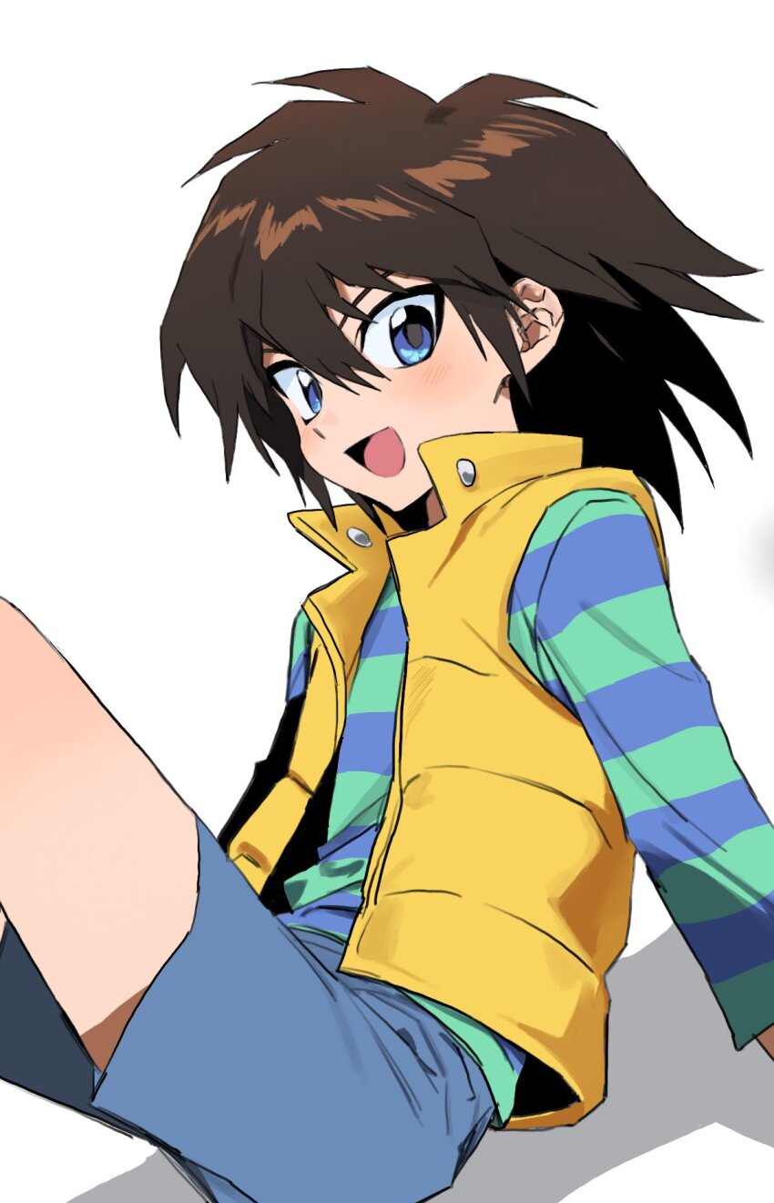 1boy, black_hair, blue_eyes, blue_shirt, blue_shoes, flowercrabcake, highres, kaiba_mokuba