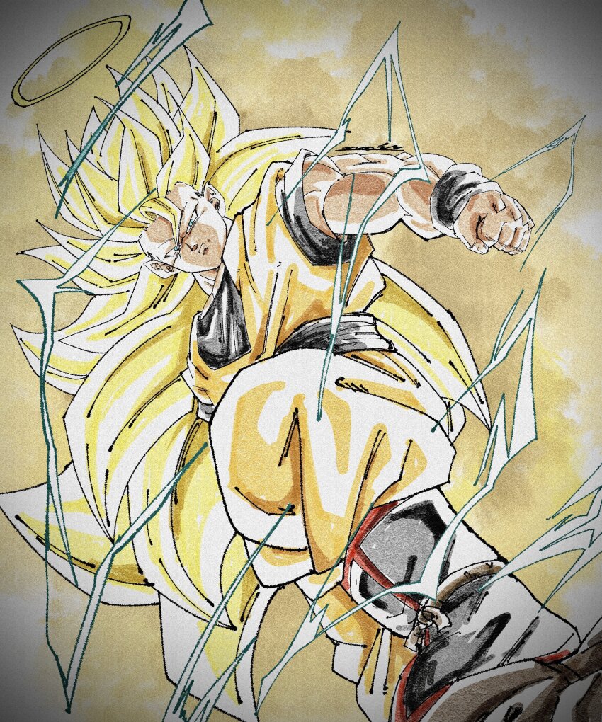 1boy, absurdres, black_boots, black_shirt, boots, clenched_hand, dougi, dragon_ball