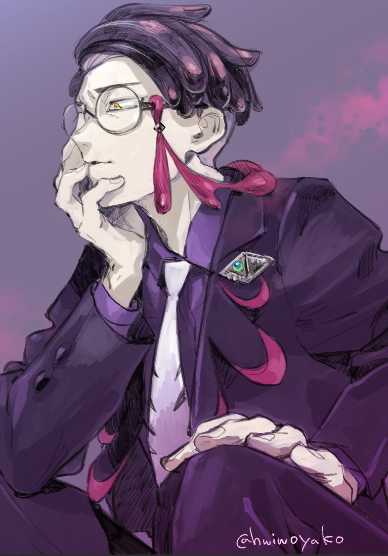 1boy, closed_mouth, collared_shirt, commentary_request, corbeau_(pokemon), elbow_on_knee, fingernails, glasses, hand_on_own_face, hand_on_own_knee, hwiwoyako, jacket, layered_sleeves, long_sleeves, male_focus, necktie, nintendo, open_clothes, open_jacket, pants, parted_hair, pokemon, pokemon_legends:_z-a, profile, purple_background, purple_hair, purple_jacket, purple_pants, purple_shirt, round_eyewear, shirt, short_hair, sitting, solo, tassel, twitter_username, white_necktie, wing_collar, yellow_eyes