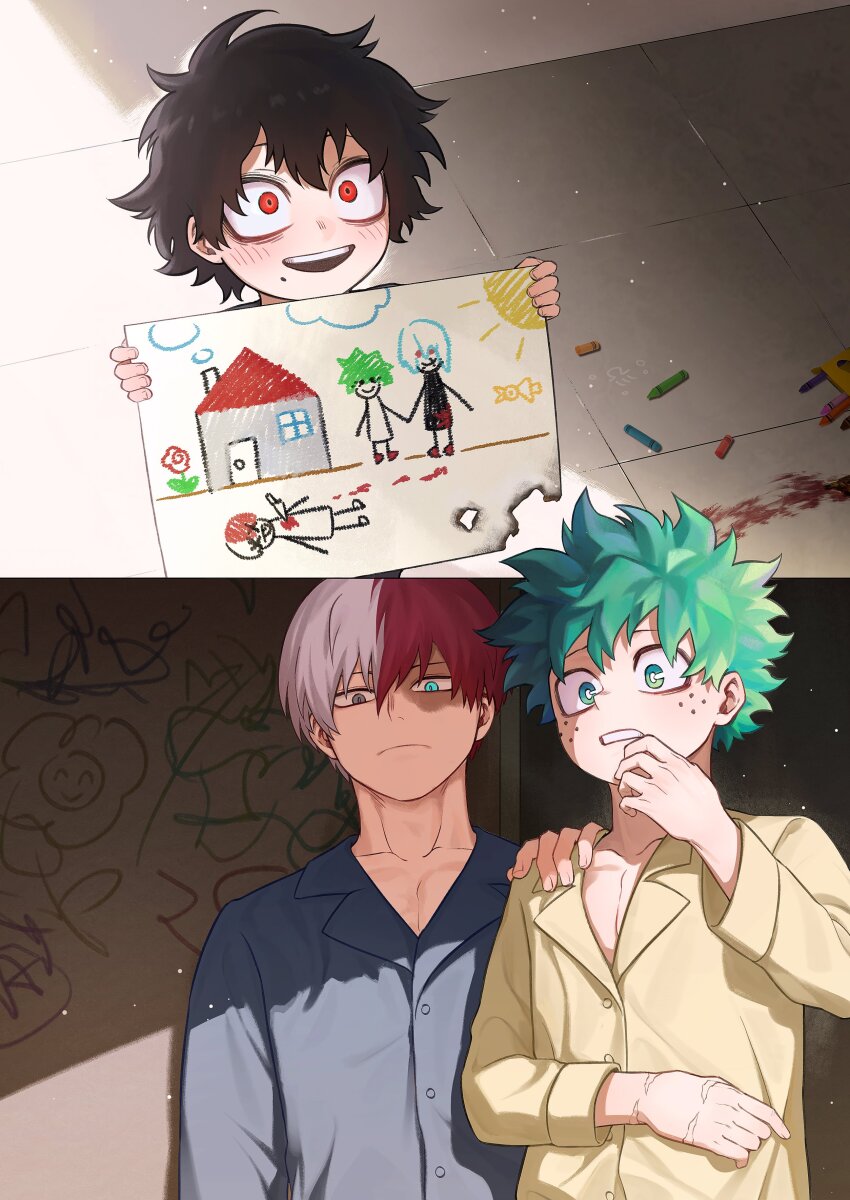 3boys, absurdres, aged_down, aranciojelyfish, black_hair, boku_no_hero_academia, child, child's_drawing