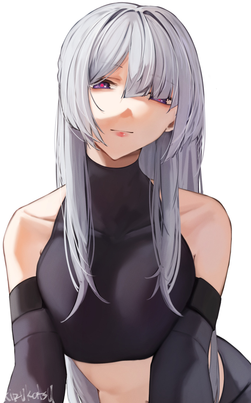 1girl, absurdres, ak-15_(girls'_frontline), artist_name, bare_shoulders, black_gloves, blunt_bangs, elbow_gloves