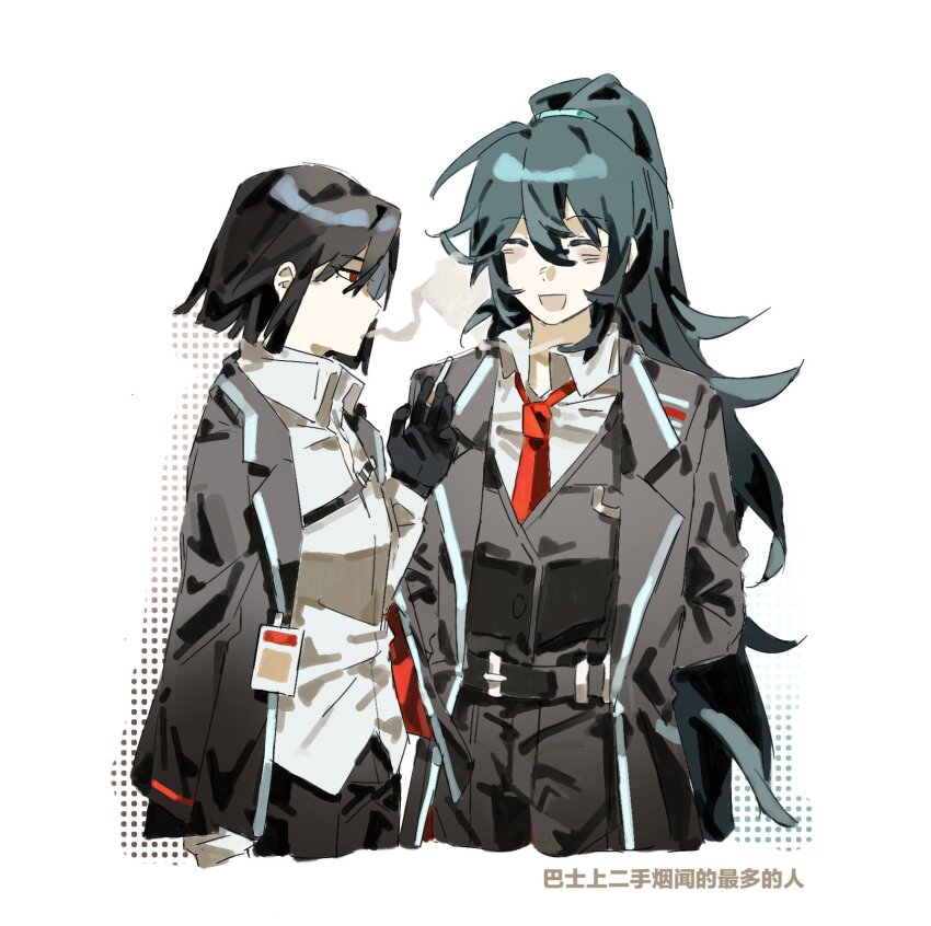 1boy, 1girl, ^_^, aaayamitsu, belt, belt_buckle, between_fingers, black_belt