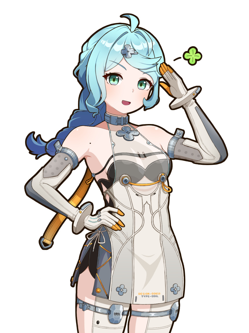 1girl, :d, ahoge, aqua_eyes, bare_shoulders, benis_zzz, black_outline, blue_hair, breasts, choker, commentary_request, cowboy_shot, elbow_gloves, gloves, hand_on_own_hip, highres, looking_at_viewer, mole, mole_on_shoulder, open_mouth, outline, salute, see-through_clothes, seed_(zenless_zone_zero), simple_background, smile, solo, white_background, zenless_zone_zero