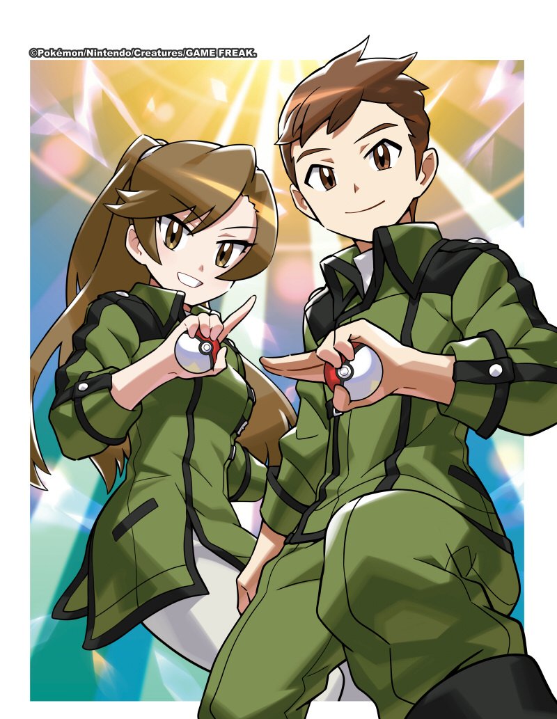 1boy, 1girl, brown_eyes, brown_hair, closed_mouth, coach_trainer_(pokemon), commentary_request, company_name