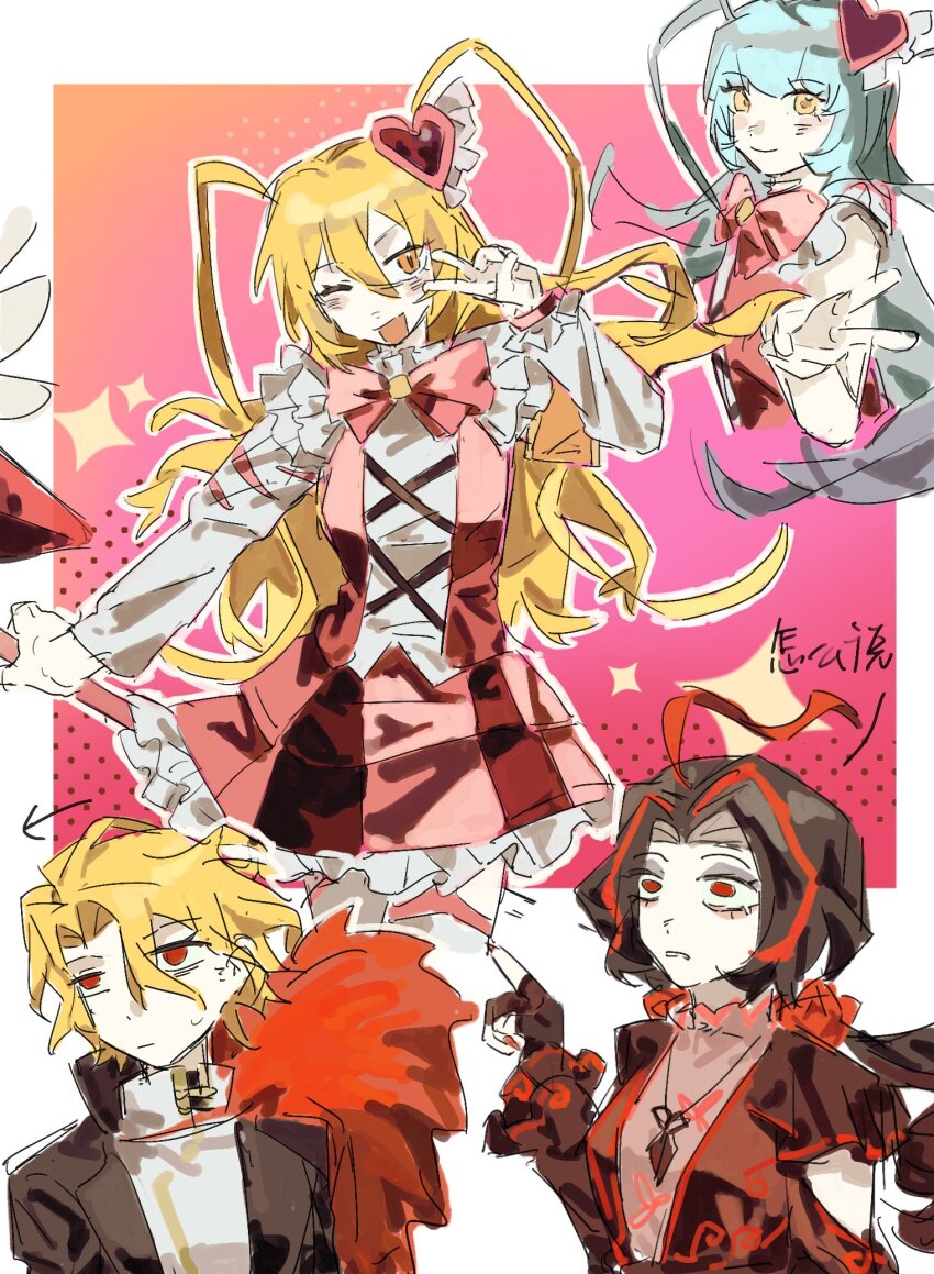 4girls, aaayamitsu, ahoge, annoyed, arrow_(symbol), bags_under_eyes, bare_arms, bare_shoulders